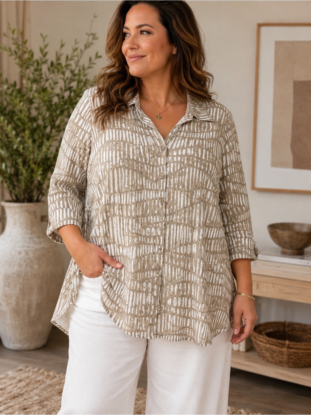 Ali Mile Tunic Top 2X Beige Abstract Print Button Front Artsy Lagenlook Shirt